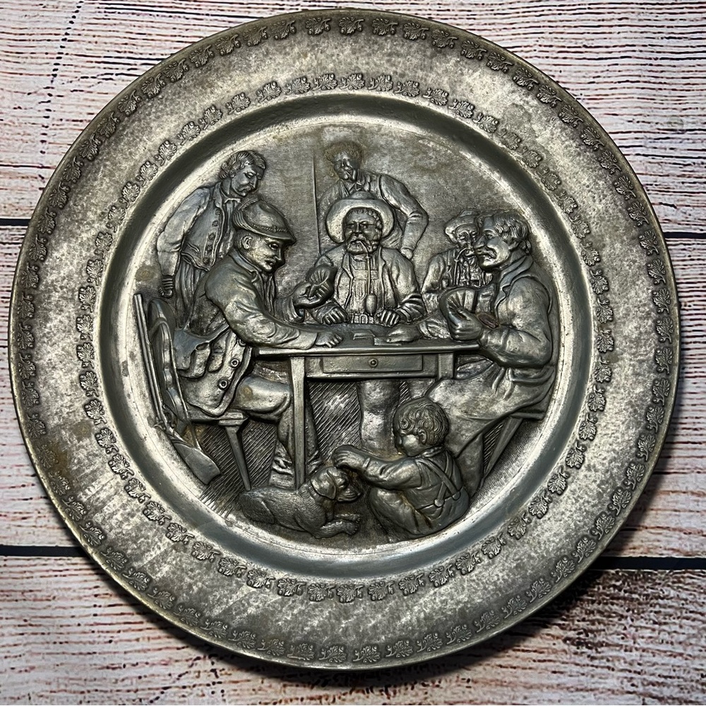 Vintage 12”‎ German Pewter Wall Plate Tavern Card Scene Angel Mark Gallery Wall